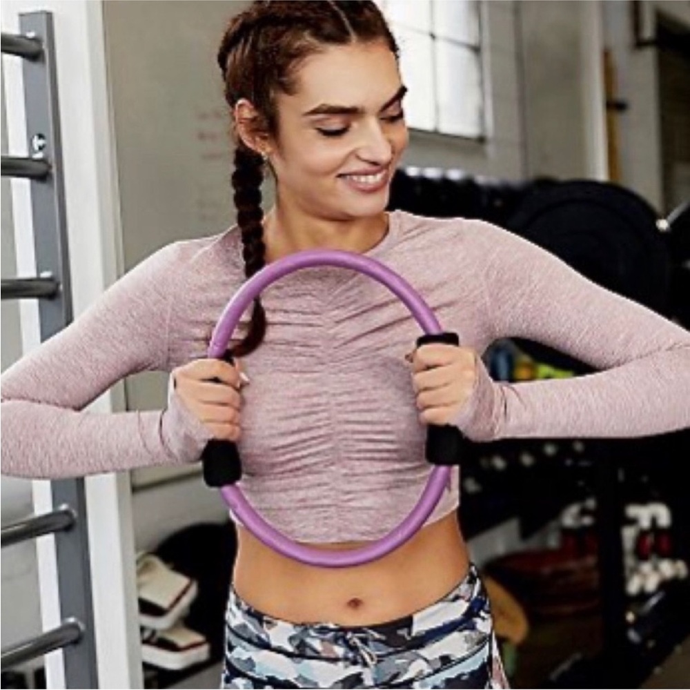Free People Long Sleeve Ruched Workout Top - red and white marble